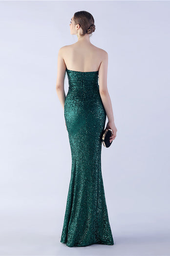 Dark Green Strapless Sequin Sheath Formal Dress with Feather