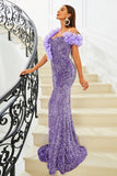 Purple Sequins Mermaid Off the Shoulder Prom Dress