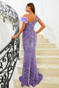 Load image into Gallery viewer, Purple Sequins Mermaid Off the Shoulder Prom Dress