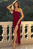 One Shoulder Satin Black Formal Dress with Slit