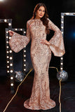 Champagne Sequin Mermaid Long Sleeves Formal Dress