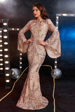 Champagne Sequin Mermaid Long Sleeves Formal Dress