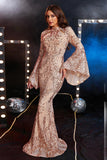 Champagne Sequin Mermaid Long Sleeves Formal Dress