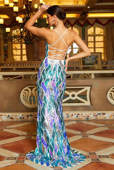 Blue Sequin Halter Open Back Mermaid Formal Dress