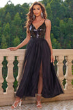 Sparkly Black Spaghetti Straps Prom Dress with Slit