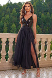 Sparkly Black Spaghetti Straps Prom Dress with Slit