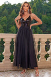 Sparkly Black Spaghetti Straps Prom Dress with Slit