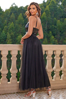 Sparkly Black Spaghetti Straps Prom Dress with Slit