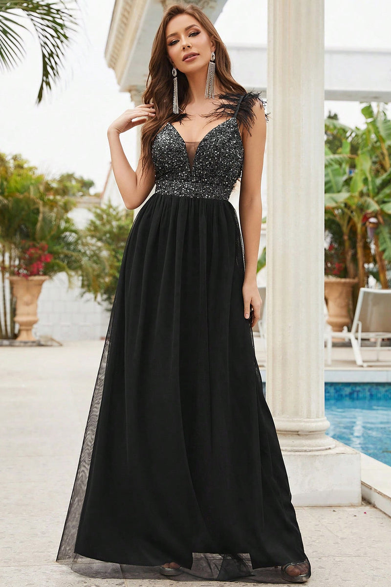 Load image into Gallery viewer, Sequins Spaghetti Straps Black Prom Dress with Slit