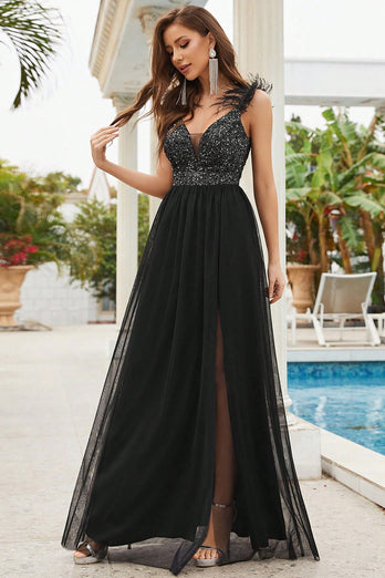Sequins Spaghetti Straps Black Prom Dress with Slit
