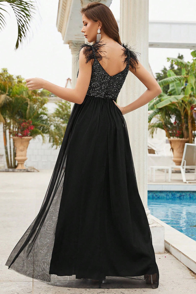 Load image into Gallery viewer, Sequins Spaghetti Straps Black Prom Dress with Slit