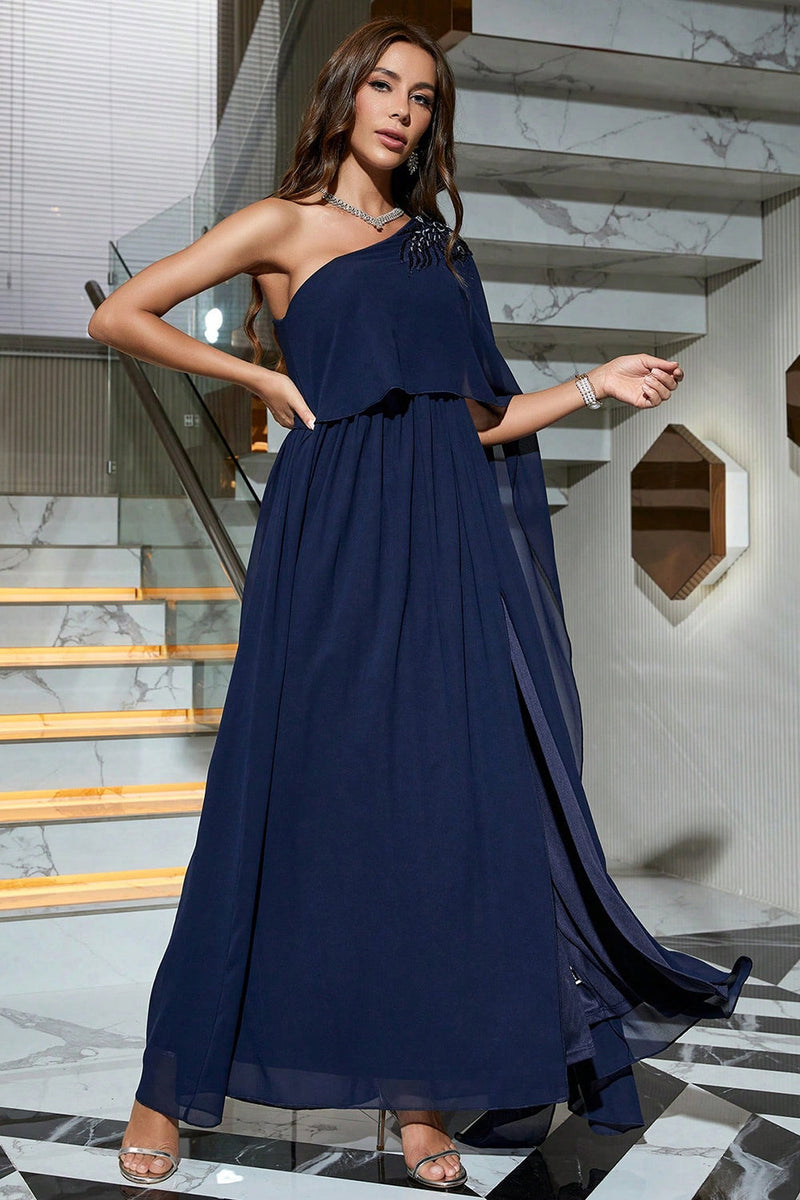 Load image into Gallery viewer, Navy One Shoulder Formal Dress with Slit