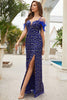Load image into Gallery viewer, Mermaid Cold Shoulder Blue Prom Dress with Feathers