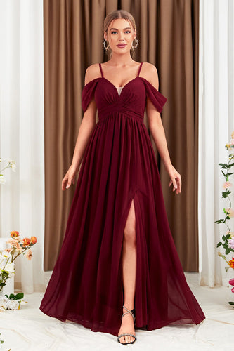 A-Line Cold Shoulder Burgundy Formal Dress with Slit