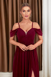 A-Line Cold Shoulder Burgundy Formal Dress with Slit