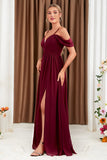 A-Line Cold Shoulder Burgundy Formal Dress with Slit