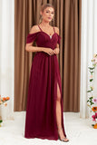 A-Line Cold Shoulder Burgundy Formal Dress with Slit