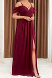 A-Line Cold Shoulder Burgundy Formal Dress with Slit