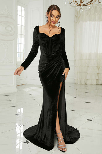 Black Mermaid Sweetheart Neck Velvet Long Prom Dress with Slit