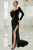 Black Mermaid Sweetheart Neck Velvet Long Prom Dress with Slit