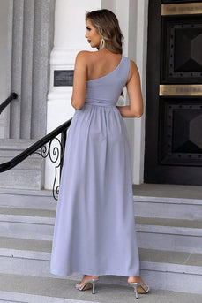 Dusty Blue A-Line One Shoulder Prom Dress with Slit