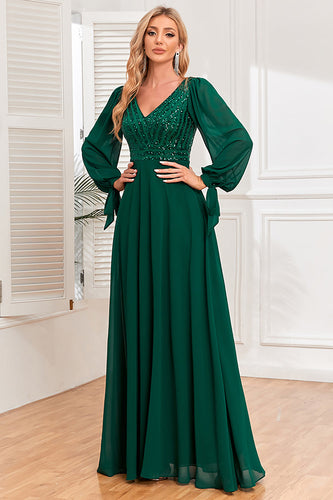 Dark Green A-Line V Neck Long Prom Dress With Sequins