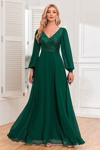 Dark Green A-Line V Neck Long Prom Dress With Sequins