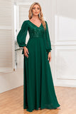 Dark Green A-Line V Neck Long Prom Dress With Sequins