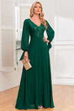 Dark Green A-Line V Neck Long Prom Dress With Sequins