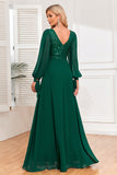 Dark Green A-Line V Neck Long Prom Dress With Sequins