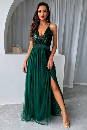 Dark Green A-Line Spaghetti Straps Long Prom Dress with Slit