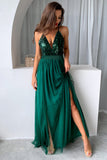 Dark Green A-Line Spaghetti Straps Long Prom Dress with Slit