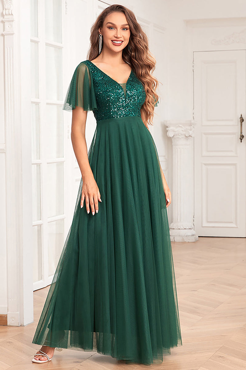 Load image into Gallery viewer, Dark Green A-Line V Neck Tulle Prom Dress with Sequins
