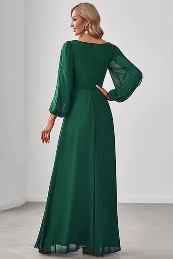 Dark Green A-Line V Neck Chiffon Long Prom Dress