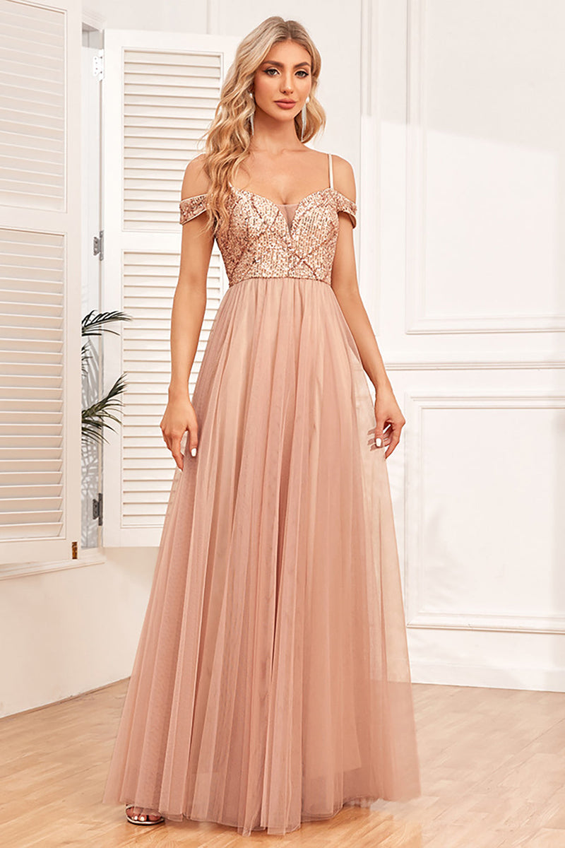 Load image into Gallery viewer, Champagne A-Line Tulle Long Prom Dress with Sequins