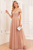 Champagne A-Line Tulle Long Prom Dress with Sequins