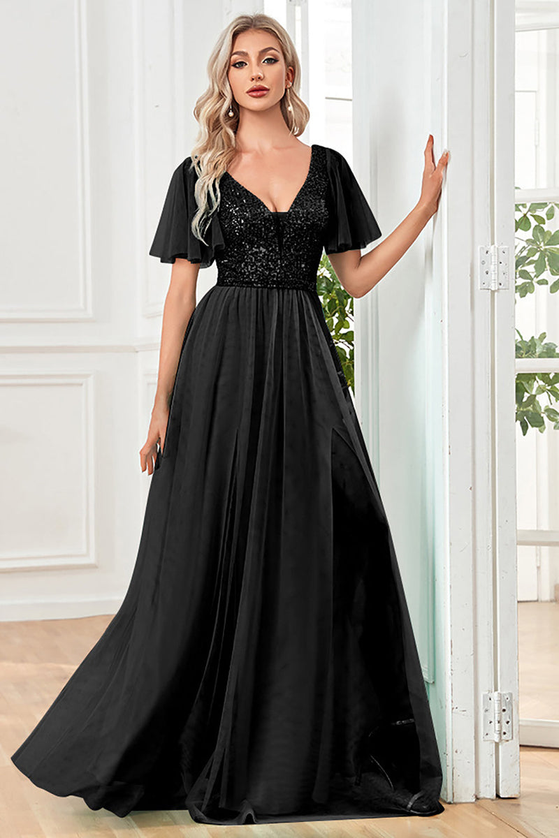 Load image into Gallery viewer, Black A-Line V Neck Long Prom Dress with Sequins
