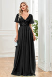 Black A-Line V Neck Long Prom Dress with Sequins