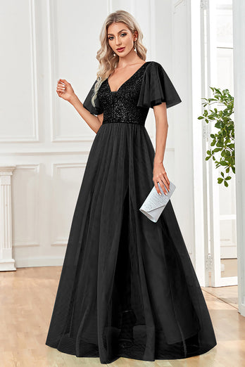 Black A-Line V Neck Long Prom Dress with Sequins