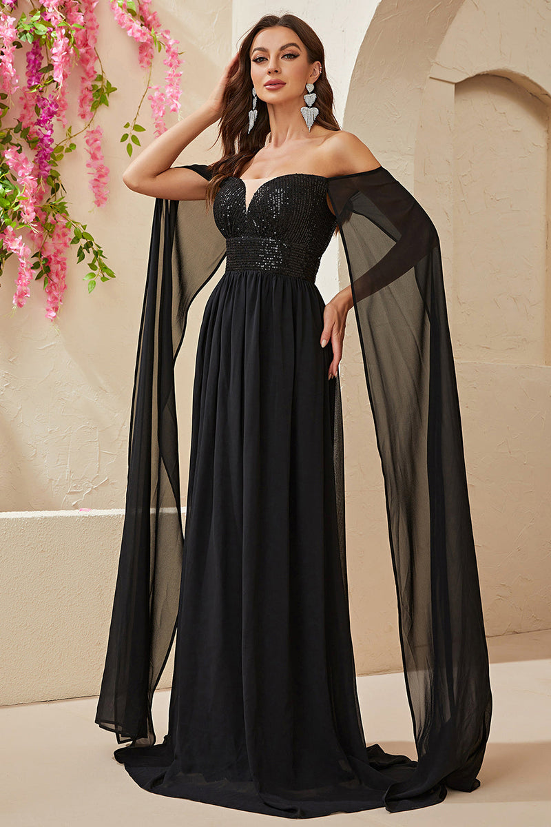 Load image into Gallery viewer, Black  A-line Off The Shoulder Chiffon Long Prom Dress