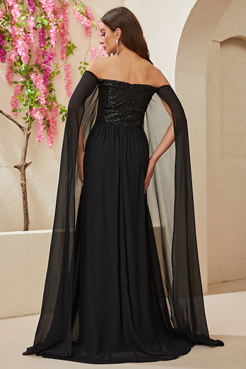 Black  A-line Off The Shoulder Chiffon Long Prom Dress
