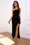 Mermaid Dark Green One Shoulder Sequins Prom Dress with Slit