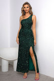 Mermaid Dark Green One Shoulder Sequins Prom Dress with Slit