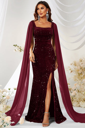 Burgundy Mermaid Square Neck Sequins Long Prom Dress with Slit