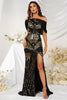 Load image into Gallery viewer, Black Gold Mermaid One Shoulder Sequins Prom Dress with Slit