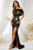 Load image into Gallery viewer, Black Gold Mermaid One Shoulder Sequins Prom Dress with Slit