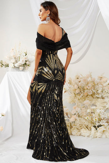 Black Gold Mermaid One Shoulder Sequins Prom Dress with Slit