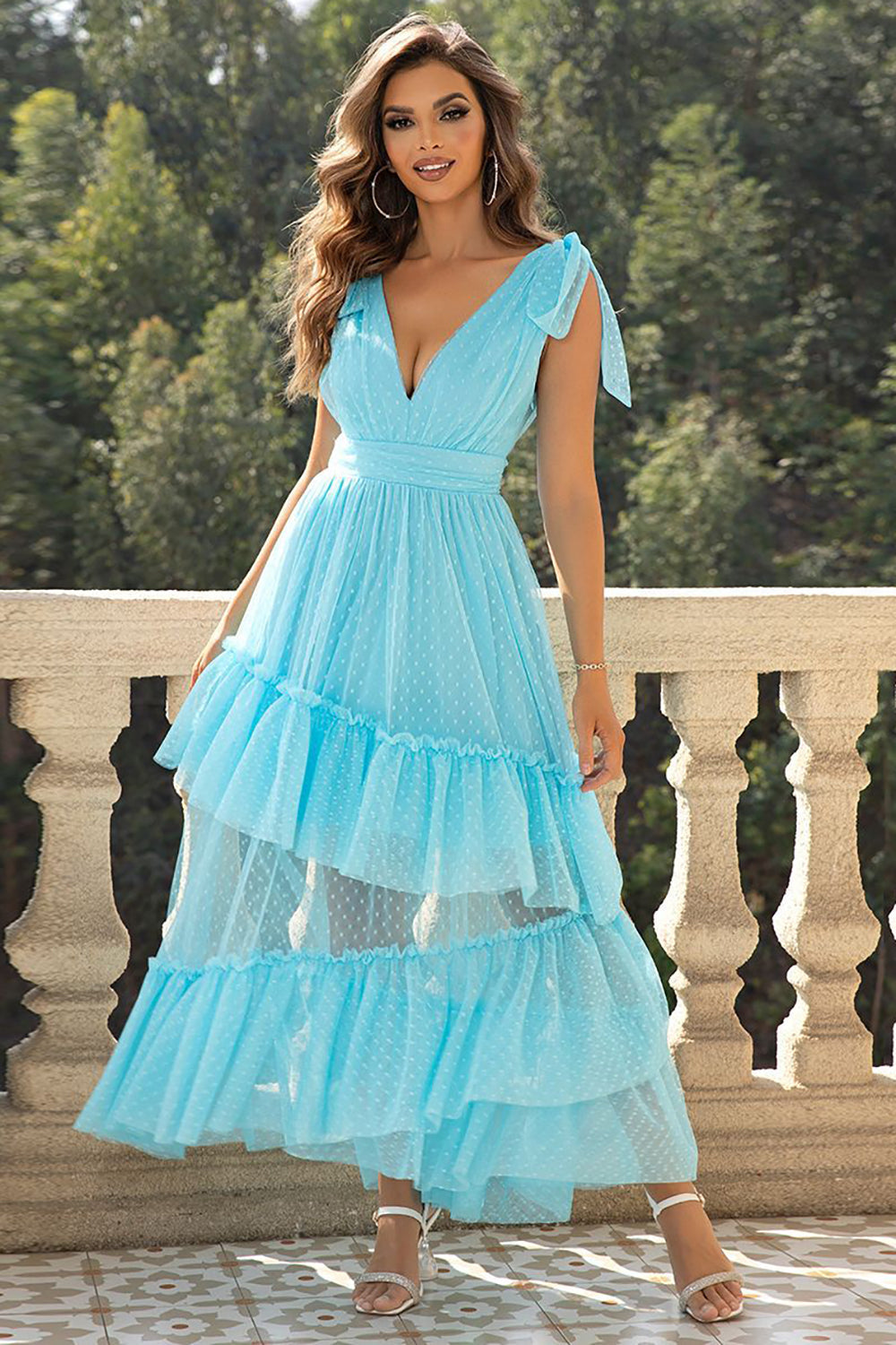 Sky Blue A-Line V Neck Tulle Prom Dress with Ruffles