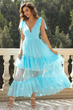 Sky Blue A-Line V Neck Tulle Prom Dress with Ruffles