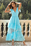 Sky Blue A-Line V Neck Tulle Prom Dress with Ruffles